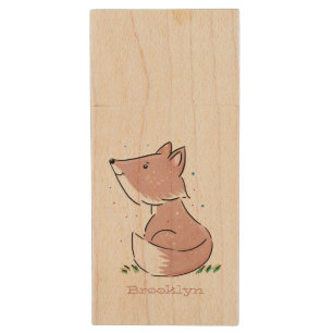 Cute baby fox cartoon illustration wood flash drive