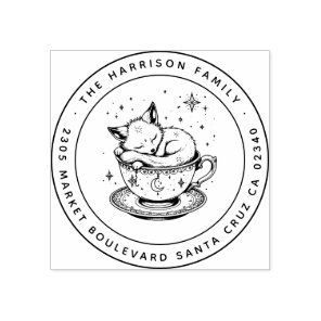 Cute Baby Fox Curled up in Teacup Return Address   Rubber Stamp