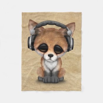 Cute Baby Fox Dj Wearing Headphones Fleece Blanket by crazycreatures at Zazzle