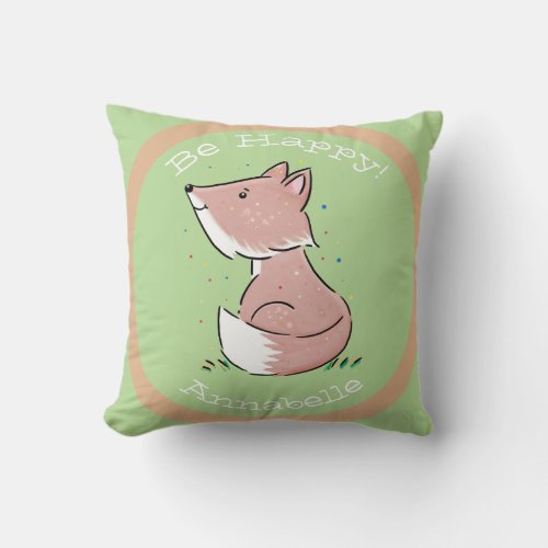 Cute baby fox green watercolour illustration throw pillow