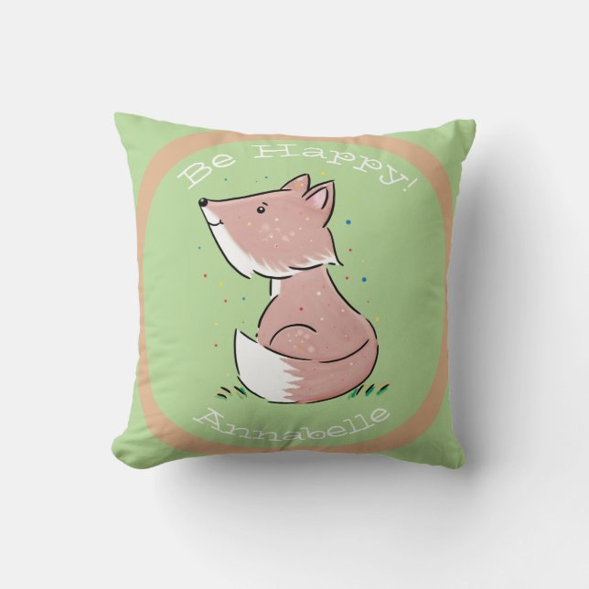 Cute baby fox green watercolour illustration throw pillow (Front)