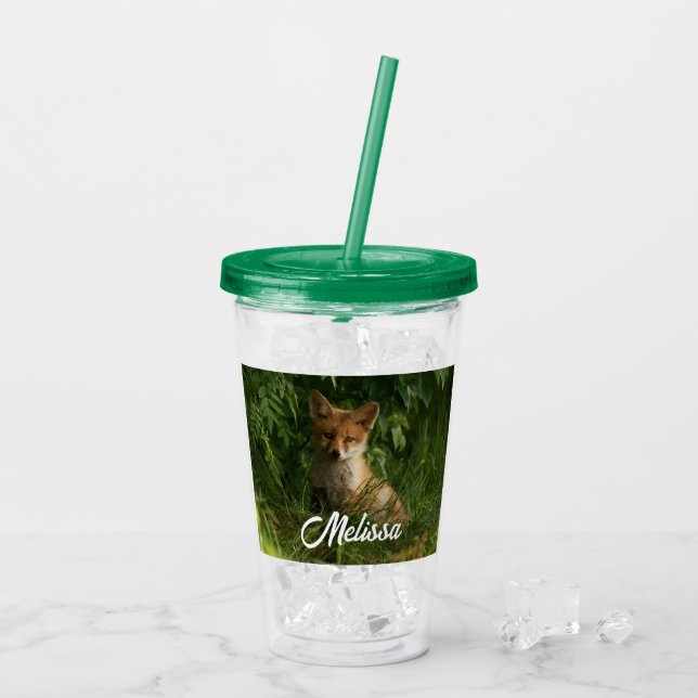 Cute Baby Fox in a Green Forest Acrylic Tumbler (Back Ice)