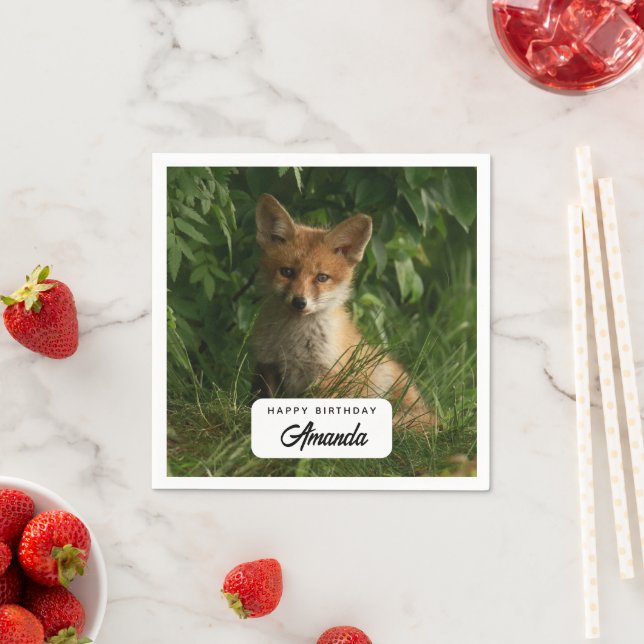 Cute Baby Fox in a Green Forest Birthday Napkins (Insitu)