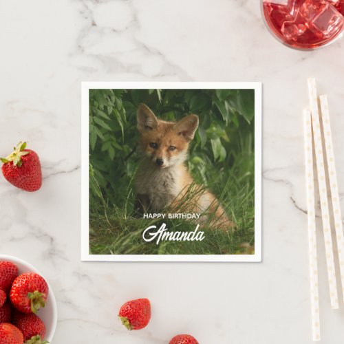 Cute Baby Fox in a Green Forest Birthday Napkins