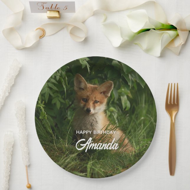 Cute Baby Fox in a Green Forest Birthday Paper Plates (Wedding)