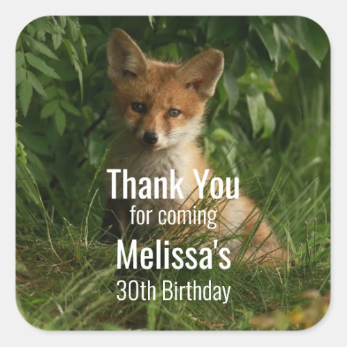 Cute Baby Fox in a Green Forest Birthday Thank You Square Sticker
