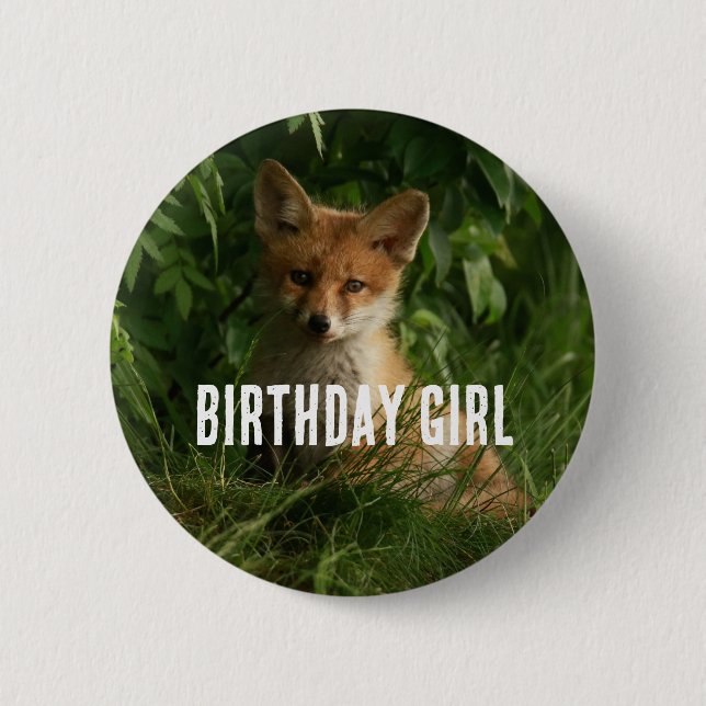 Cute Baby Fox in a Green Forest Button (Front)