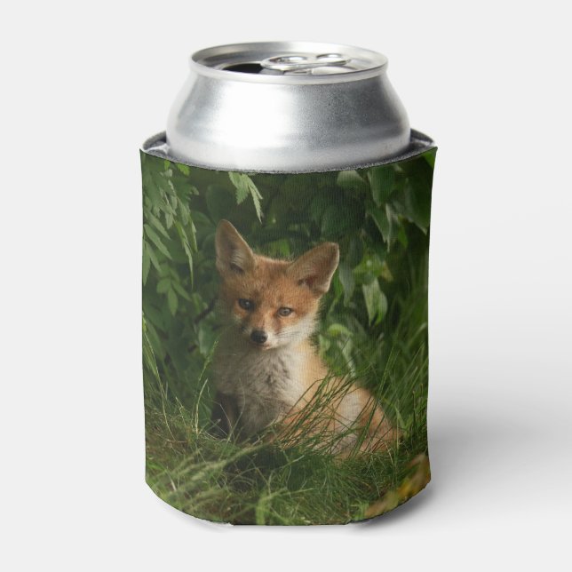 Cute Baby Fox in a Green Forest Can Cooler (Can Front)