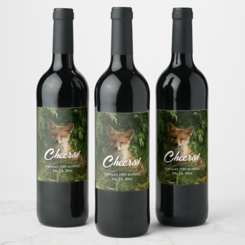  Cute Baby Fox in a Green Forest Cheers Birthday Wine Label