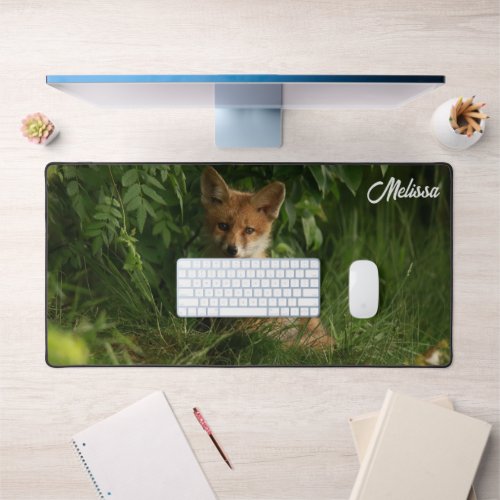Cute Baby Fox in a Green Forest Desk Mat