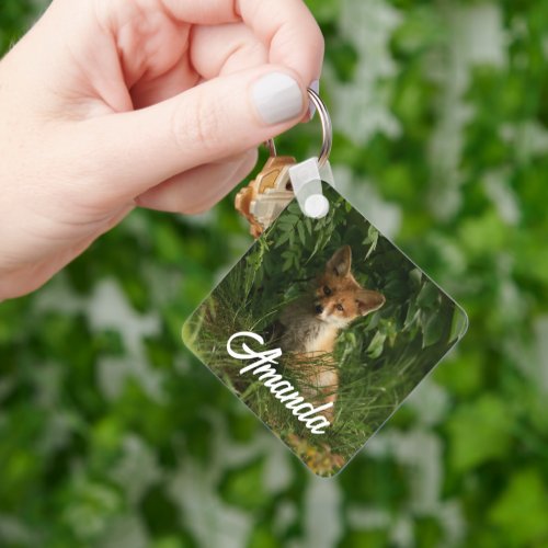 Cute Baby Fox in a Green Forest Keychain