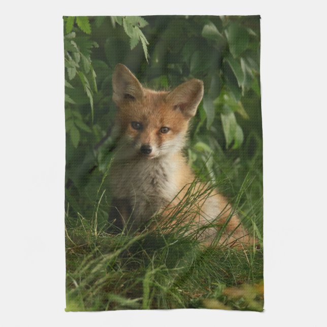 Cute Baby Fox in a Green Forest Kitchen Towel (Vertical)