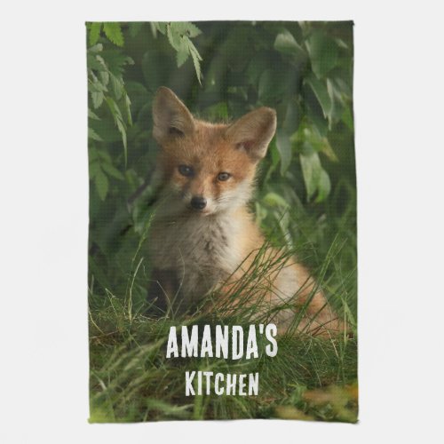 Cute Baby Fox in a Green Forest Kitchen Towel