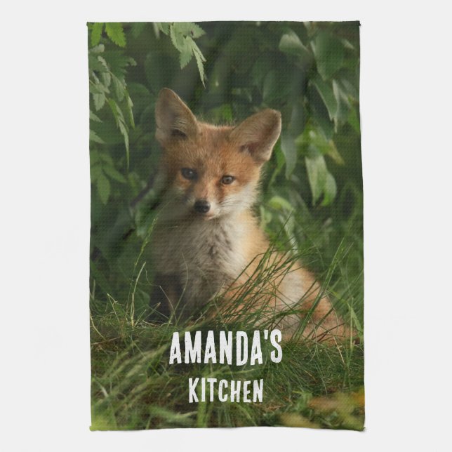 Cute Baby Fox in a Green Forest Kitchen Towel (Vertical)