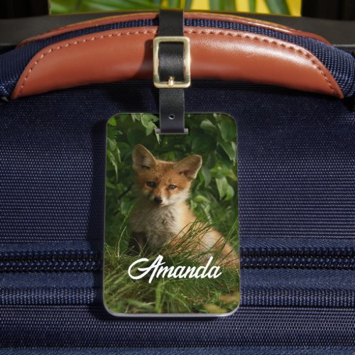 Cute Baby Fox in a Green Forest Luggage Tag