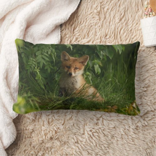 Cute Baby Fox in a Green Forest Lumbar Pillow
