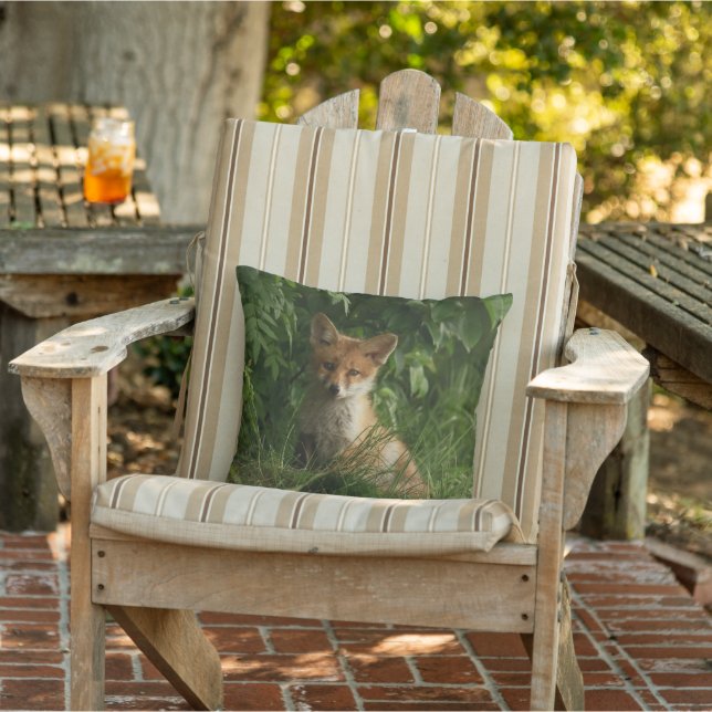 Cute Baby Fox in a Green Forest Outdoor Pillow (Chair)