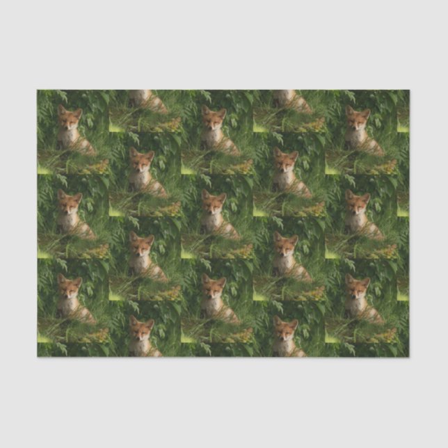 Cute Baby Fox in a Green Forest Pattern Tissue Paper (Front)