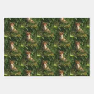 Cute Baby Fox in a Green Forest Pattern Wrapping Paper Sheets