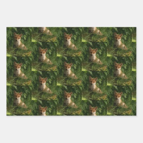 Cute Baby Fox in a Green Forest Pattern Wrapping Paper Sheets