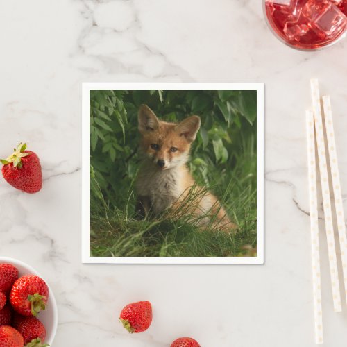 Cute Baby Fox in a Green Forest Photo Napkins