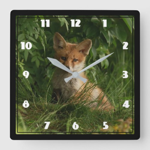 Cute Baby Fox in a Green Forest Square Wall Clock