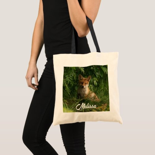  Cute Baby Fox in a Green Forest Tote Bag