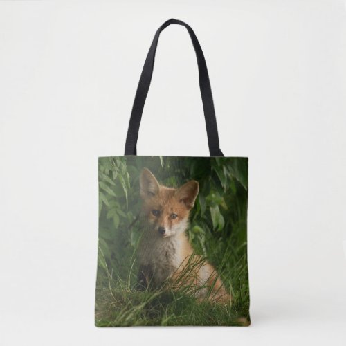 Cute Baby Fox in a Green Forest Tote Bag