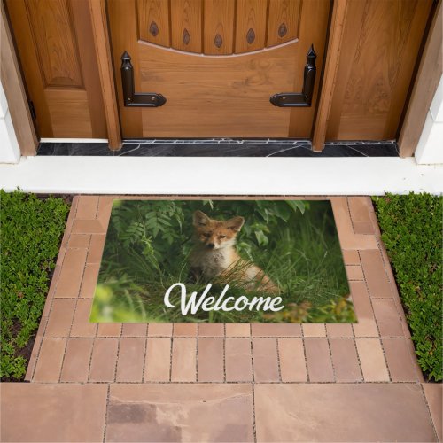 Cute Baby Fox in a Green Forest Welcome Doormat