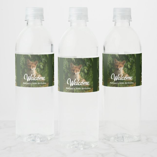 Cute Baby Fox in a Green Forest Welcome Water Bottle Label (Bottles)