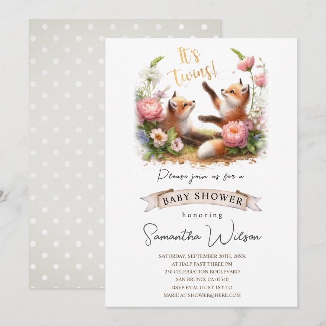 Cute Baby Fox It's twins Baby Shower Invitation (Front/Back)