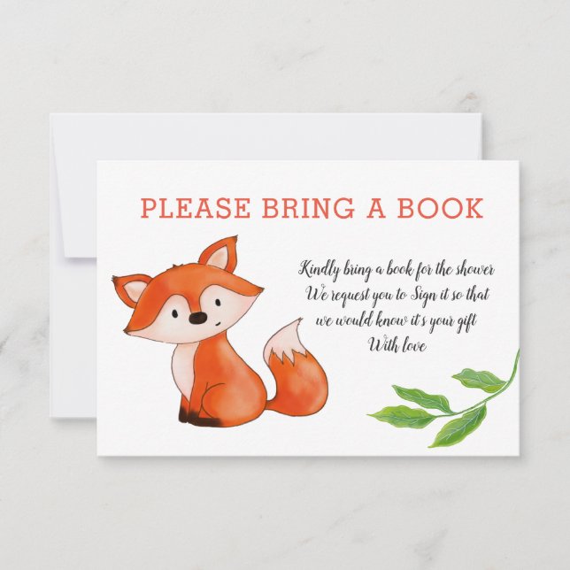 Cute Baby Fox Leaves Bring A Book | Baby Shower Invitation (Front)