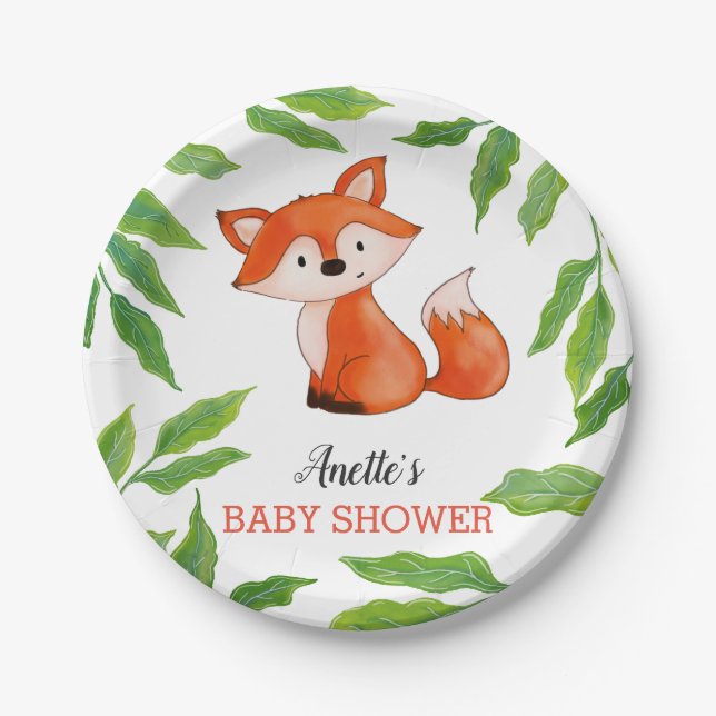 Cute Baby Fox | Leaves | Woodland Baby Shower Paper Plates (Front)