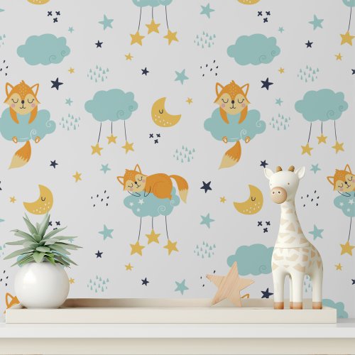 Cute Baby Fox Moon Stars Kids Pattern Wallpaper