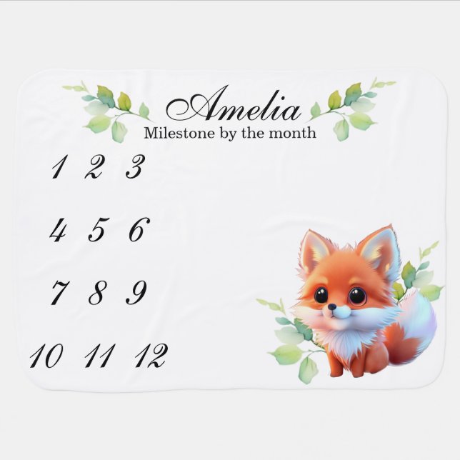 Cute baby fox pattern milestone by the month baby blanket (Horizontal)
