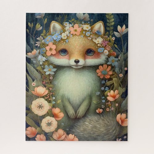 Cute Baby Fox Pink Blue Flowers Painting Jigsaw Puzzle