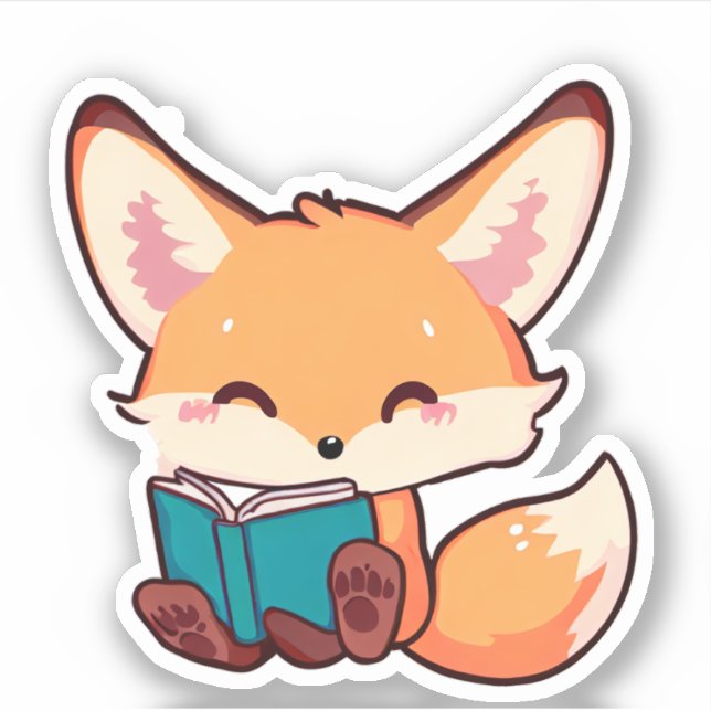 Cute Baby Fox Reading a Book Sticker (Front)