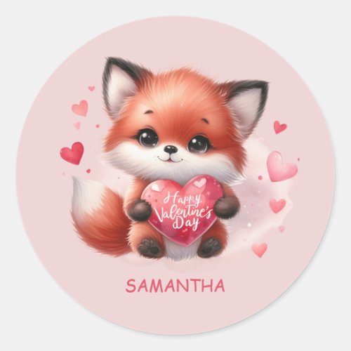 Cute Baby Fox Red Heart Pink Happy Valentines Day Classic Round Sticker