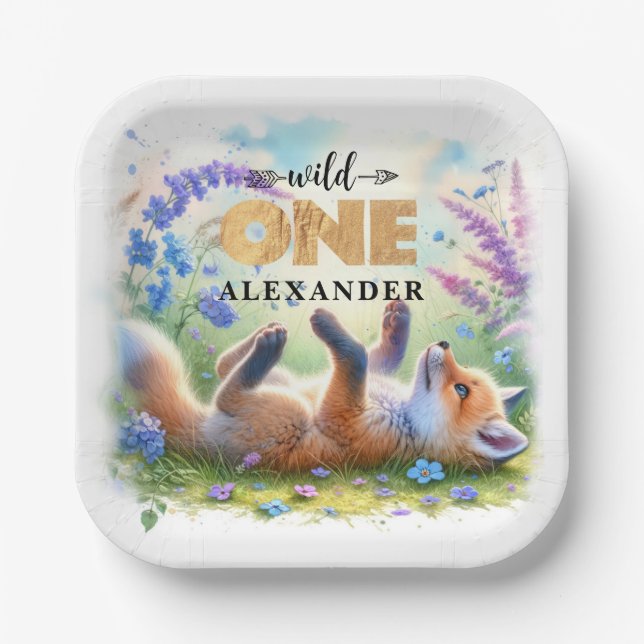 Cute Baby Fox Wild One Birthday Paper Plates (Front)