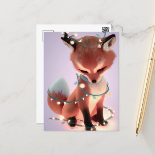 Cute Baby Fox with Fairy Lights Postcard