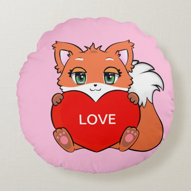 Cute Baby Fox with Heart on Pink Round Pillow (Front)