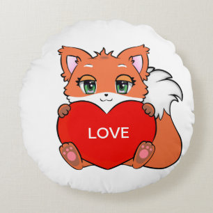 Cute Baby Fox with Heart Round Pillow