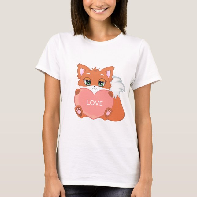 Cute Baby Fox with Heart T-Shirt (Front)