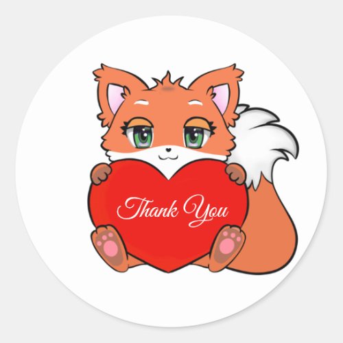 Cute Baby Fox with Heart Thank You Classic Round Sticker