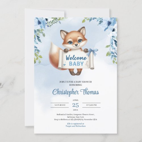 Cute baby fox with paper banner says Welcome baby Invitation