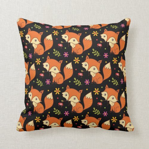 Cute Baby Fox Woodland Forest Black Throw Pillow