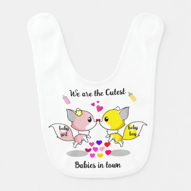 Cute Baby Foxes Kissing w/Colorful Hearts  Bib (Front)