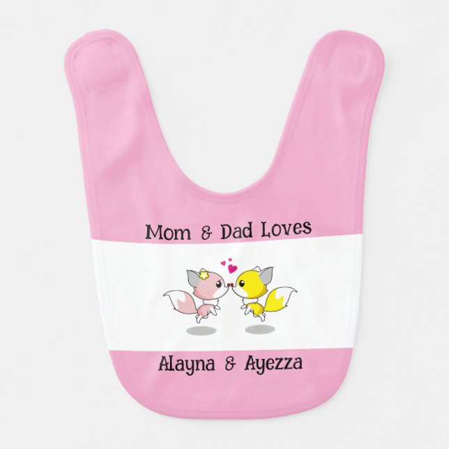 Cute Baby Foxes Kissing w/Tiny Hearts Baby Bib (Front)