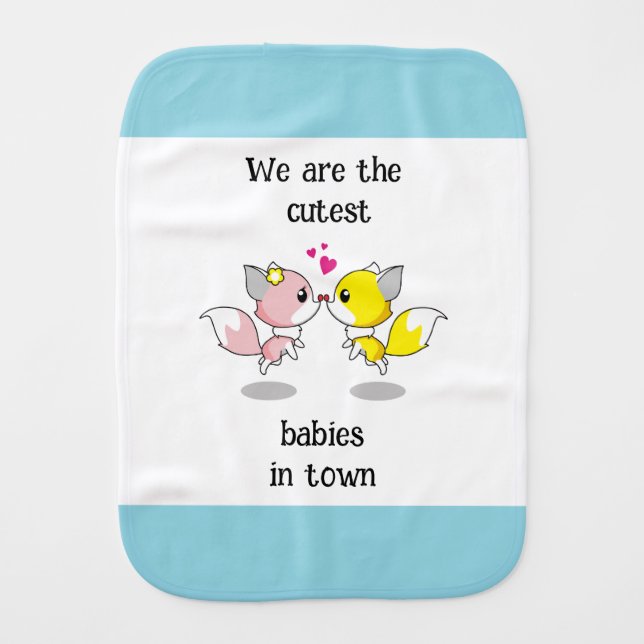 Cute Baby Foxes Kissing w/Tiny Hearts Baby Burp Cloth (Front)