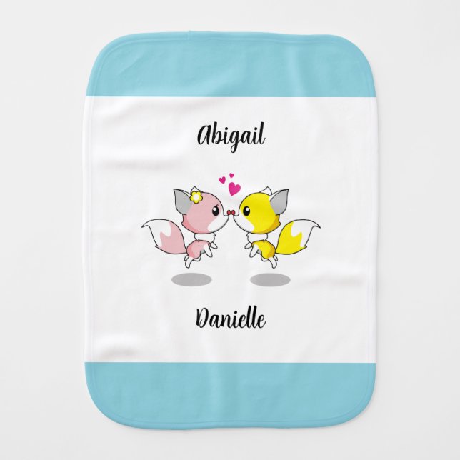 Cute Baby Foxes Kissing w/Tiny Hearts Baby Burp Cloth (Front)